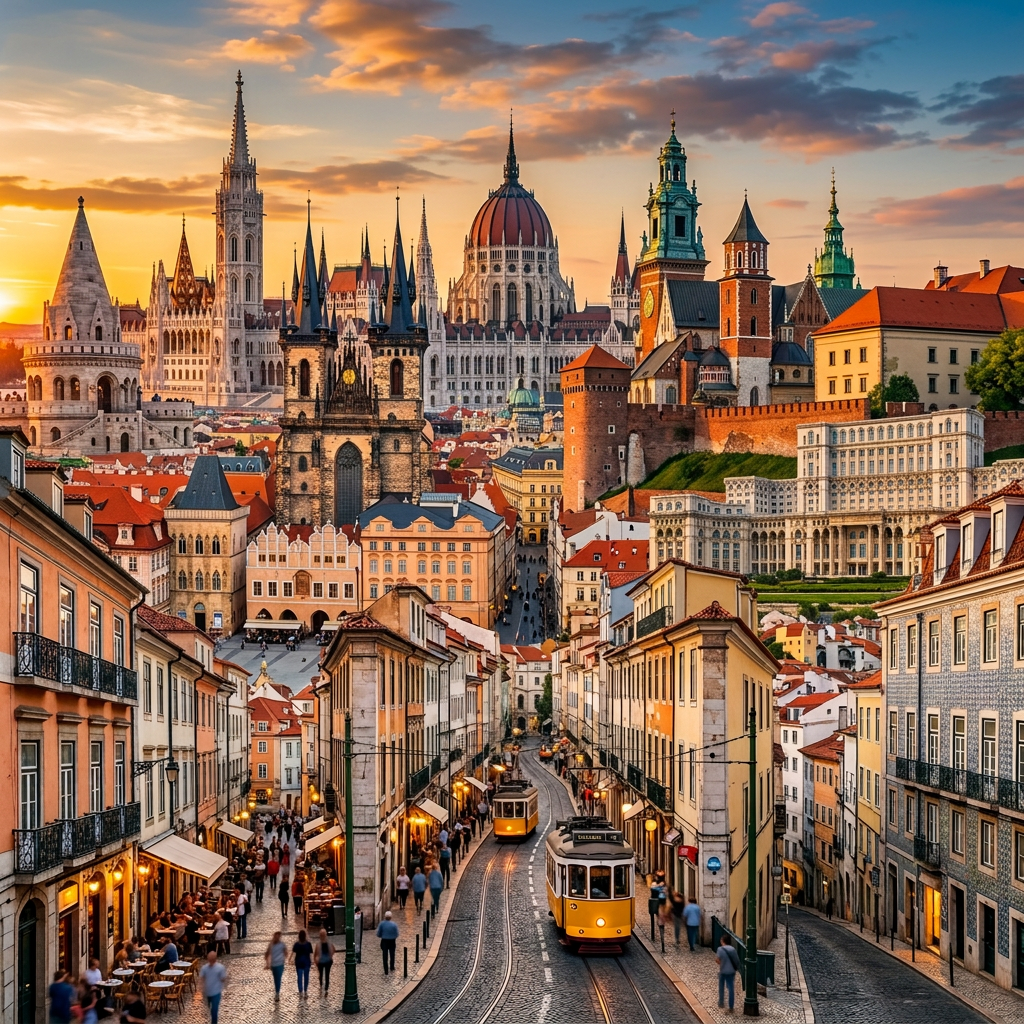 Historic European city with trams, ornate buildings, and sunset sky