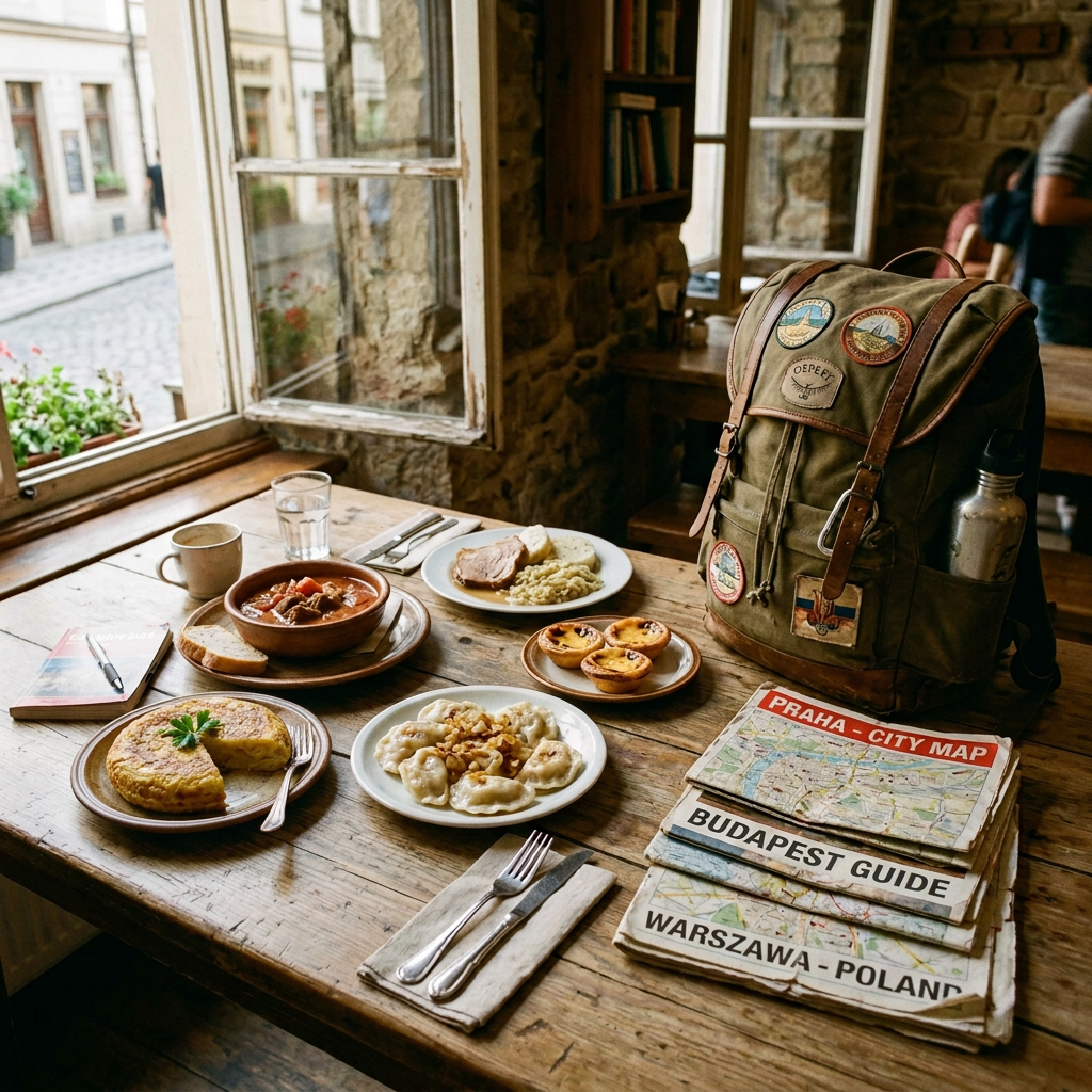 Rustic café table with food, backpack, and guides labeled PRAHA - CITY MAP, BUDAPEST GUIDE, and WARSZAWA - POLAND