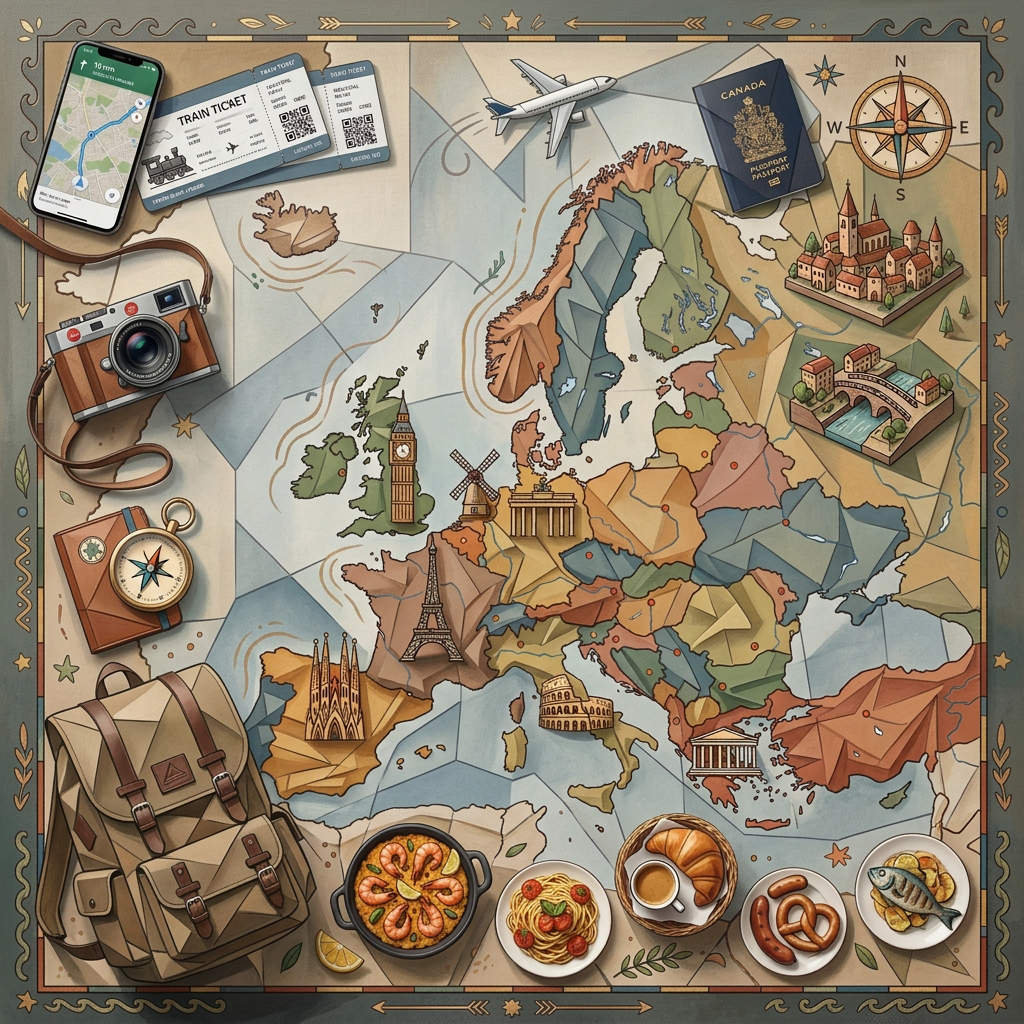Illustrated Europe map with TRAIN TICKET, PASSPORT, compass, landmarks, luggage, and food