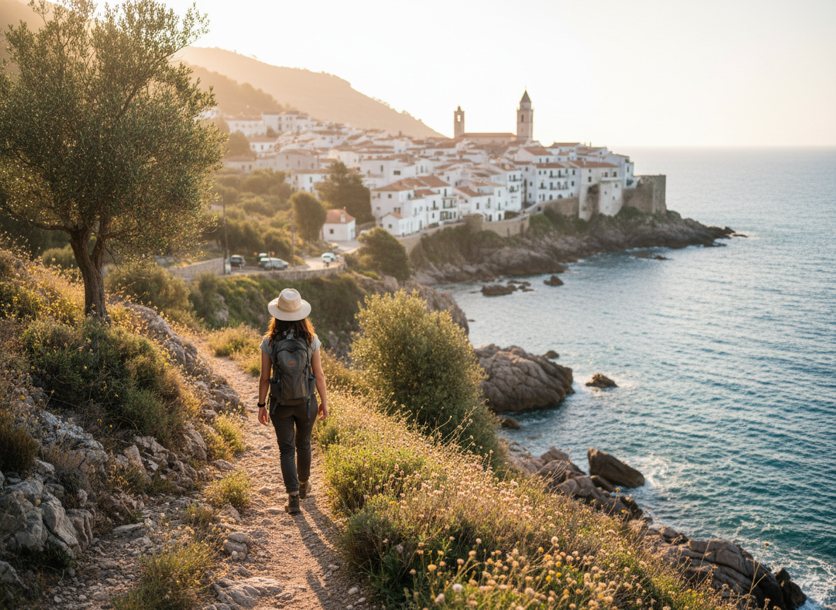 Una experiencia de viaje europea económica y auténtica: una persona viajera con mochila recorriendo un sendero costero mediterráneo, pequeño pueblo europeo al fondo, luz dorada, sensación de libertad y aventura accesible, fotografía editorial de viajes, composición limpia y aspiracional, sin texto ni logotipos.